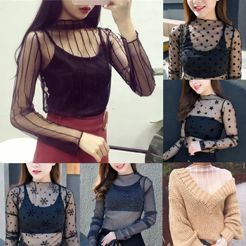 

spring Summer Women Lace Blouses Shirt tops Sexy mesh Blouses See-through Long Sleeve Black Dot Star Striped Shirt Blouse Black