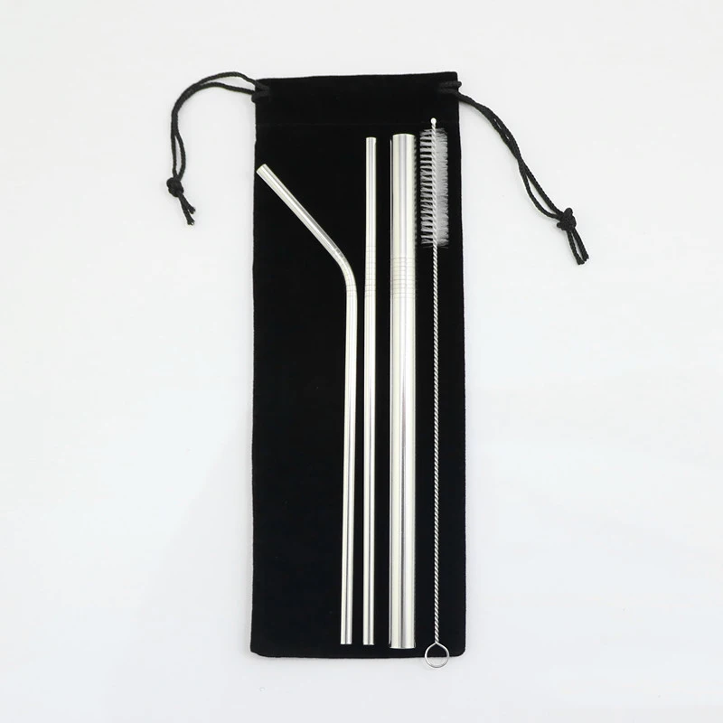 5pcs Eco Friendly Reusable Straw 304 Stainless Steel Straws Metal Smoothies Beer Drinking Straws Set with Brush & Bag