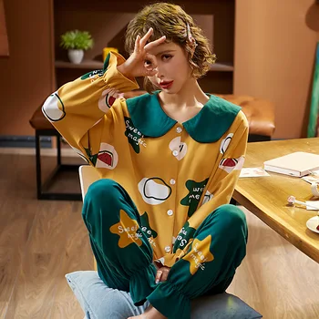 

New Sleepwear Women's Pyjamas Cotton Pajamas sets Cute Cartoon Nightwear Breathable Pijamas mujer 2pcs Nighty Ladies Home wear