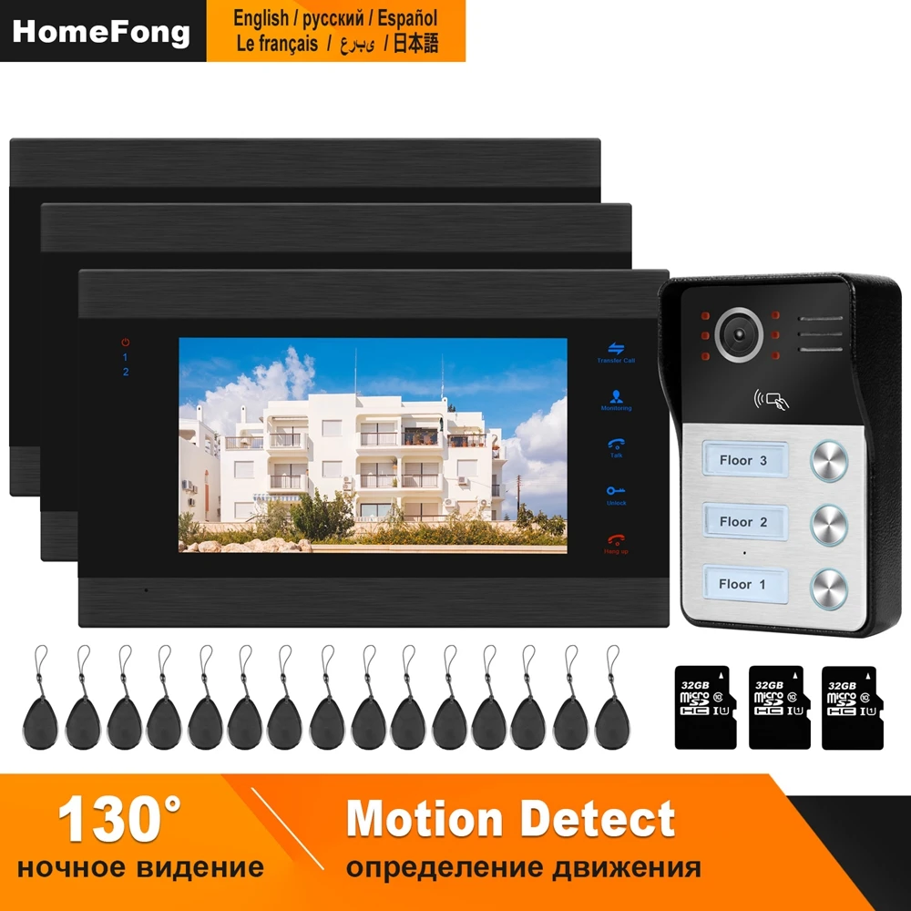 HomeFong Wired Video Intercom for Apartment System 3 Monitors 1 Doorbell  Support Motion Detect Swiping Card Unlock Talk Monitor