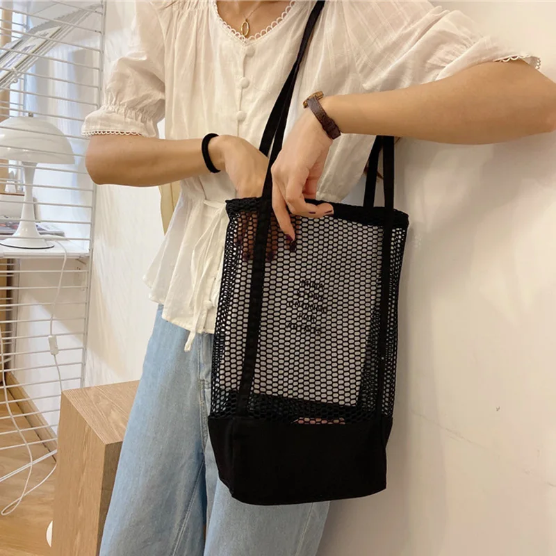 2021 INS Women Mesh Canvas Shoulder Bag for Net Crossbody Lady Totes Female Fashion Beach Large Capacity Handbag Purse | Багаж и сумки