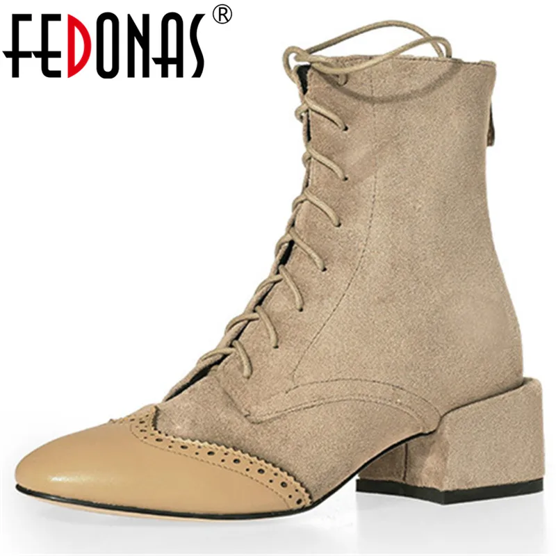 

FEDONAS Brogue High Heels Party Prom Shoes Woman Vintage Genuine Leather Flock Women Cross Tied Ankle Boots Big Size Chelsea Boots