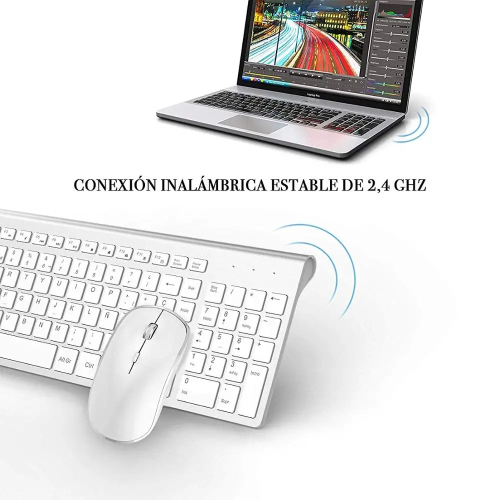 Teclado y ratón inalámbricos versión rusa, 2,4g, ergonomía, tamaño completo portátil, interfaz USB, blanco plateado de moda de alta gama - Imagen 5