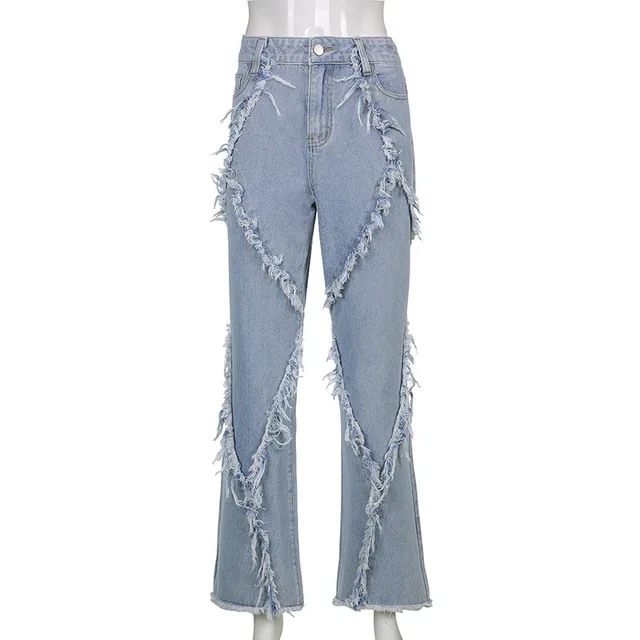 Long Straight Jeans Women Fringe Pants 