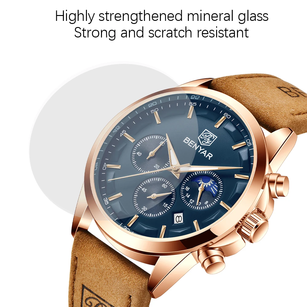 BENYAR Top Brand Luxury Men Quartz Watches 30M Waterproof Leather Military Watch for Men Casual Automatic Date Clock Relojes