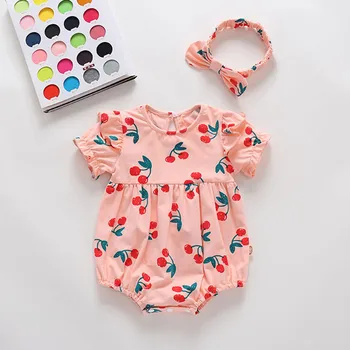 

2020 Baby Girl Rompers Headband Set Short Sleeve Toddler Ruffled Cherry Pattern Romper Photography Props Baby Girls Clothes