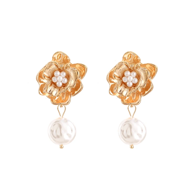 

docona Elegant Gold Pearl Flower Dangle Earring for Women Floral Piercing Pendant Earrings Wedding Jewelry Brincos B07504