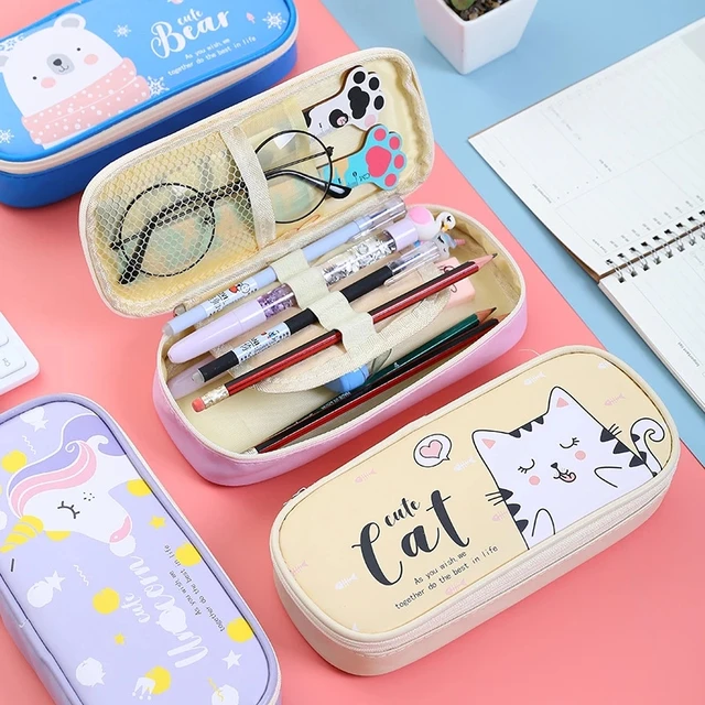Estuche escolar niñas y estuche de lápices de gato, unicornio, de PU, grande, para bolígrafos, bolsa, suministros de papelería - AliExpress