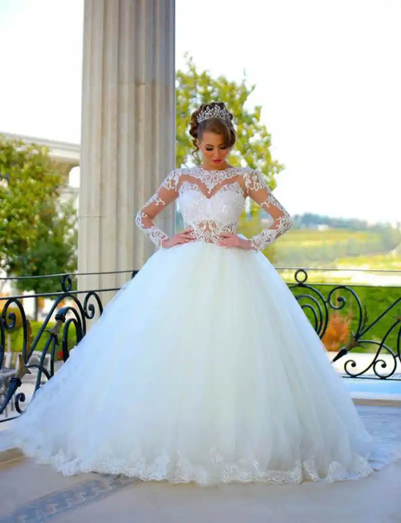 Elegant Ball Gown Wedding Dresses Scoop Long Sleeves Sheer Lace Jewel Neck Puffy Princess Bridal Gowns Custom Made Wedding Dresses Aliexpress