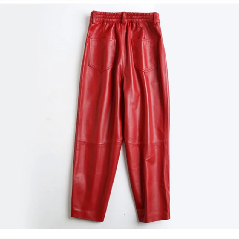 Genuine Sheepskin Pants for Women, Ankle Length, High Waist, Harem Pants, Thickened Loose Leather, Red, 3XL, Autumn and Winter
