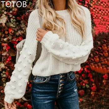 

TOTOB 2019 Winter Clothes Women Harajuku Puff Sleeve Knitted Pullovers Solid Casual Plus Size Kintting Jumper Sweaters Tops