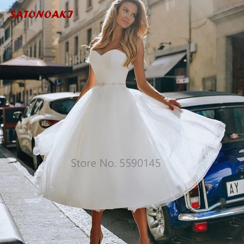 

SATONOAKI Tea Length Short Wedding Dress Strapless Beaded Sash A Line 2020 New Simple Bridal Gowns Vestido de noiva Custom Size
