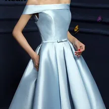 Синие Бальные платья с открытыми плечами трапециевидной формы с поясом и бантом короткое мини атласное выпускное платье элегантные коктейльные платья новое поступление