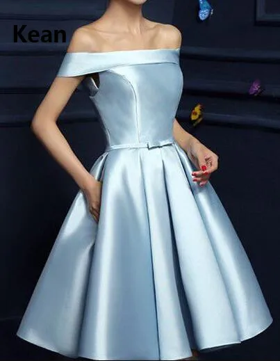 

Blue Homecoming Dresses Off the Shoulder A-line Sash Bow Short Mini Prom Dress Satin Elegant Cocktail Dresses New Arrival