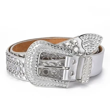 Cinturón de cuero genuino hueco de Metal, cinturones de diamantes de imitación con remache, cinturón de vestir de moda occidental, cinturón ancho con incrustaciones de diamantes de piel de vaca de calidad