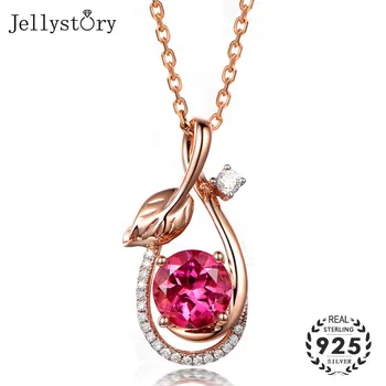 Jellystory Trendy 925 Sterling Silver Necklace with Round Ruby Zircon Gemstone Leaf Shape Pendant for Women Wedding Gift Jewelry