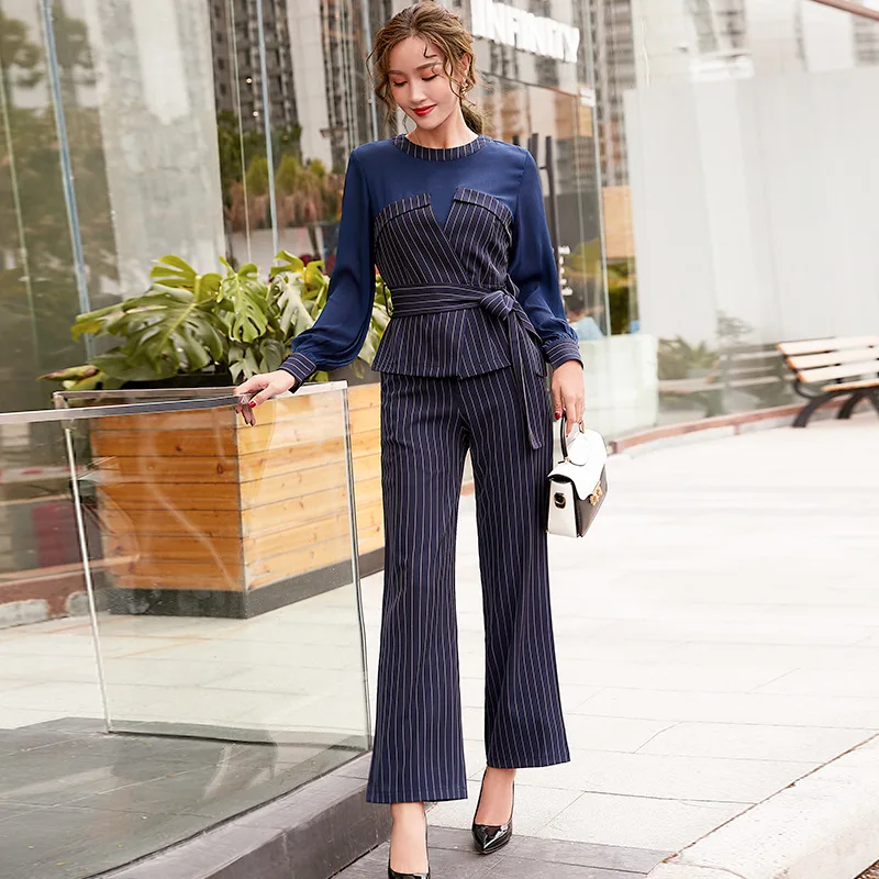 

2019 Autumn New Style WOMEN'S Dress Korean-style Stripes Joint Elegant Stand Collar Flounced Slim Fit Two-Piece Set Women's