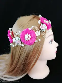 

Superior Chaplet Wedding Ring Bearer Garland Hairwear Jewelry Accessories,Hot Pink 3D FLoral Hairband Bridal Rhinestone Tiaras