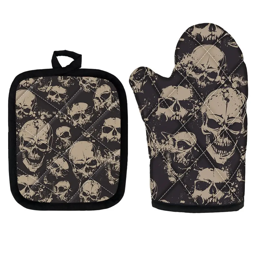 

Microwave Oven Gloves Mitts Pot Pad Heat Proof Protected Baking Gothic Skull Style Flexible Cooking Oven Mitts for BBQ Grilling