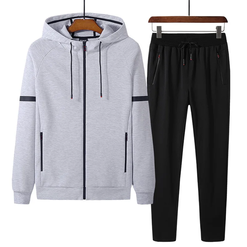 light grey Straight Новое поступление, мужские повседневные толстовки, пуловер, хлопковый мужской спортивный костюм, толстовки с капюшоном из двух частей+ штаны, спортивные рубашки, осенне-зимний комплект - Color: light grey Straight