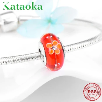 

Round shape 925 Silver Charms Orange red Murano Glass flowers beads for Women Fit Pandora Charm Bracelets & Bangles Accessories