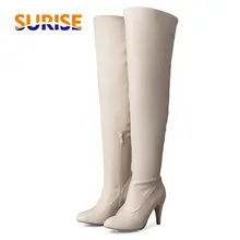 Зимние женские Сапоги выше колена белые Клубные сапоги до бедра из искусственной кожи на высоком тонком каблуке 8 см с острым носком на молнии для верховой езды