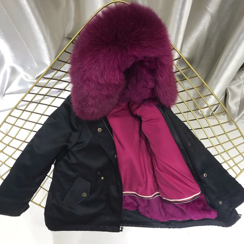 black rose purple Одежда для маленьких девочек зимняя куртка Настоящий мех кролика парка для девочек, зимние пальто с лисьим мехом, с капюшоном, отделка, одежда для маленьких мальчиков - Цвет: black rose purple