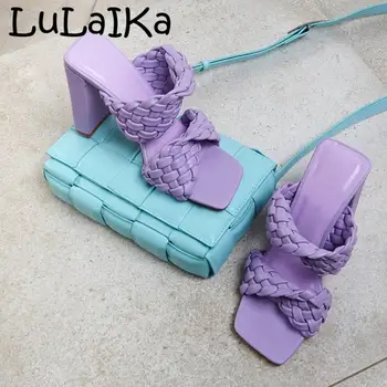 

2020 NEW Brands Summer Sexy Women Leather Woven strap sandals Open Toe Square High Heel Slipper Party Dress Shoes 35-42 drop shi