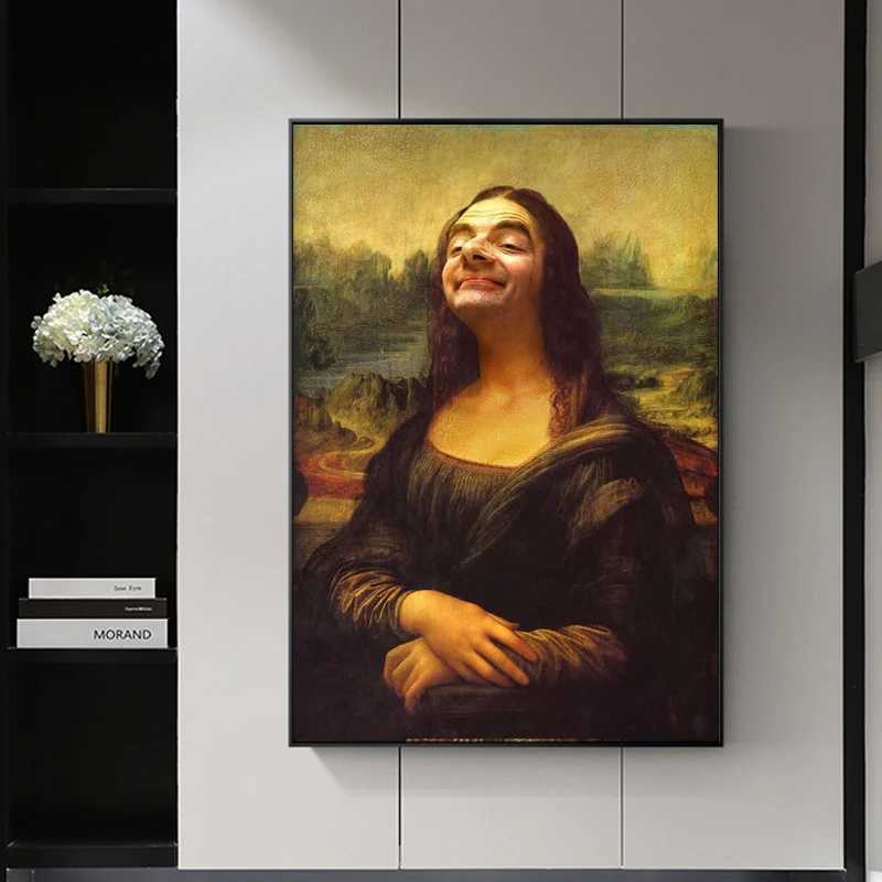 

Humor Funny Print Mona Lisa and Mr. Bean Canvas Poster Living Room Bedroom Wall Art Decor Picture
