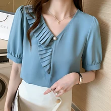 

Shintimes Ruffles V-Neck Chiffon Women Blouse Pullover Casual Puff Sleeve Short 2021 Summer Tops Woman Shirts Chemisier Femme