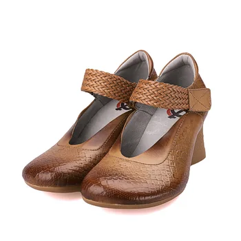 

YourSeason Pumps Women Genuine Leather High Heels 2020 New Spring Autumn Retro Hook Loop Round Toe Female Sewing Platform Shoes