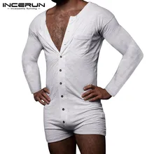 INCERUN – pyjama à manches longues pour homme, combinaison de nuit, confortable, loisirs, couleur unie, boutons 