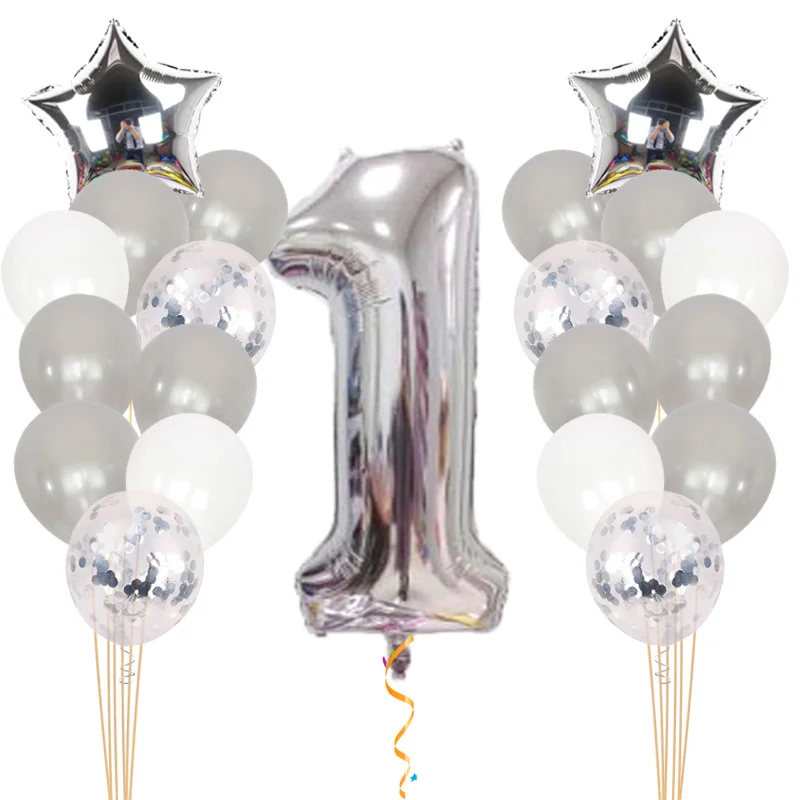 1-й конфетти для дня рождения воздушные шары из фольги в виде цифр первый ребенок мальчик девочка латексные вечерние украшения мой 1 год поставки мяч - Цвет: sliver set(1)