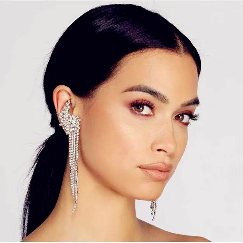 

Fashion Shiny Rhinestone Gems Ear Clip Dangle Earrings For Women Fashion Jewelry Evening Dress Statement Earrings Accessories