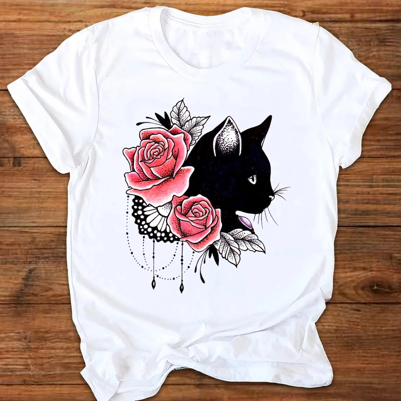 Camiseta con estampado de gato y flores para mujer, ropa estampada de  estilo de los 90, Tops para mujer|Camisetas| - AliExpress