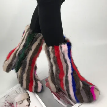 

OLOMLB Women Round Toe Real Mink Fur Rainbow Colors Block High Heel Ankle Boots Warm Winter Fleece Liner Genuine Leather Shoes