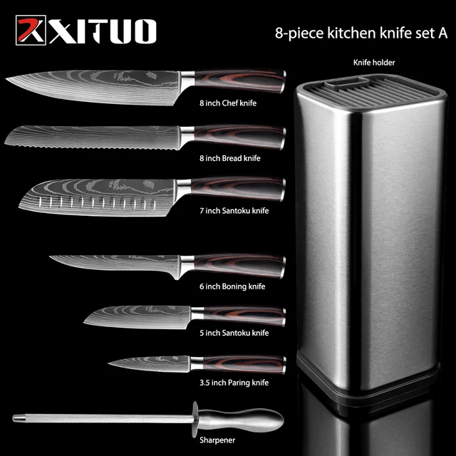 XITUO Chef knife 1-10 Pcs Set Kitchen Knives Laser Damascus Pattern Sharp Japanese Santoku Knife Cleaver Slicing Utility Knife 8PCS  Holder Set A
