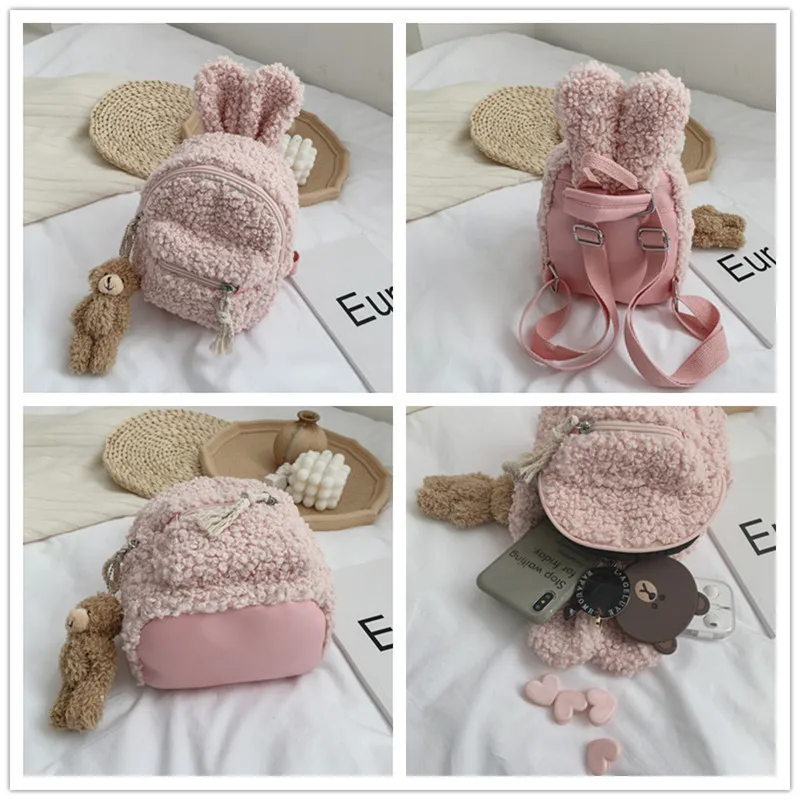 2021 Korean Style Kid\'s Backpack Children\'s Plush Student Backpack  Simple Shoulder Bag Plush Rabbit Bag Tide Child Girl Purse