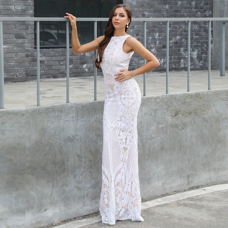 

2019 Europe And America-WOMEN'S Dress Backless Sleeveless Geometry Vintage Sequins Dress Elegant Party Formal Dress 18773