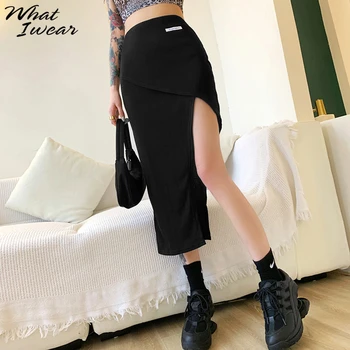 

Women Slit Sexy Skirts Asymmetrical Skirt Calf Length Cute Girl High Waist 2020 Summer Femme Slim Bottom Sweet Casual Streetwear