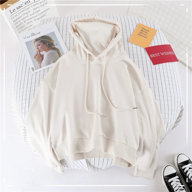 Свободный карамельный цвет Толстовка Femme Drawstring с капюшоном спортивный костюм сплошной женский с длинным рукавом Осенняя Толстовка Осенняя верхняя одежда Горячая