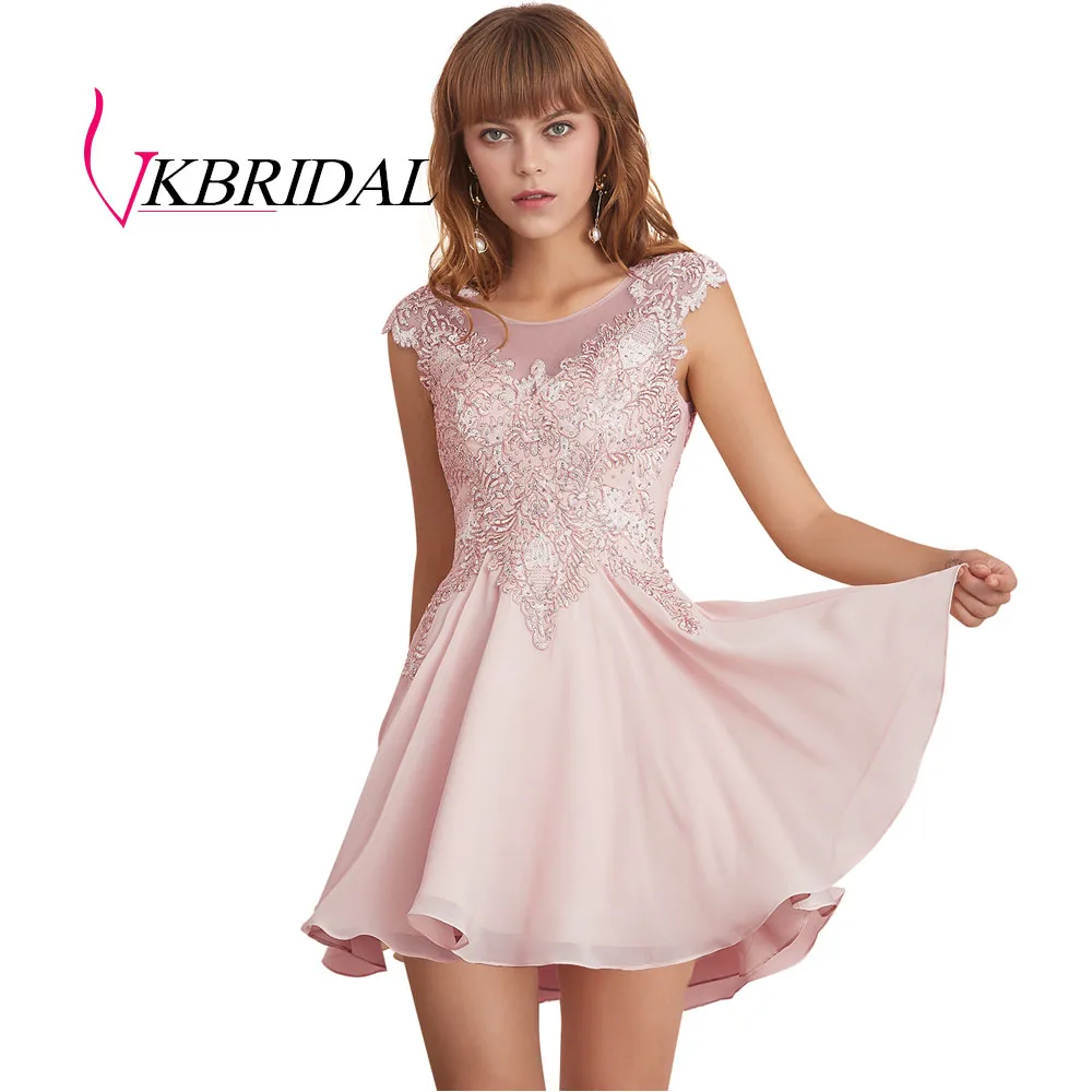 Розовый VKBRIDAL Выпускные платья шампанского шифон аппликации бисером вечернее короткое платье для выпускного вечера - Цвет: Розовый