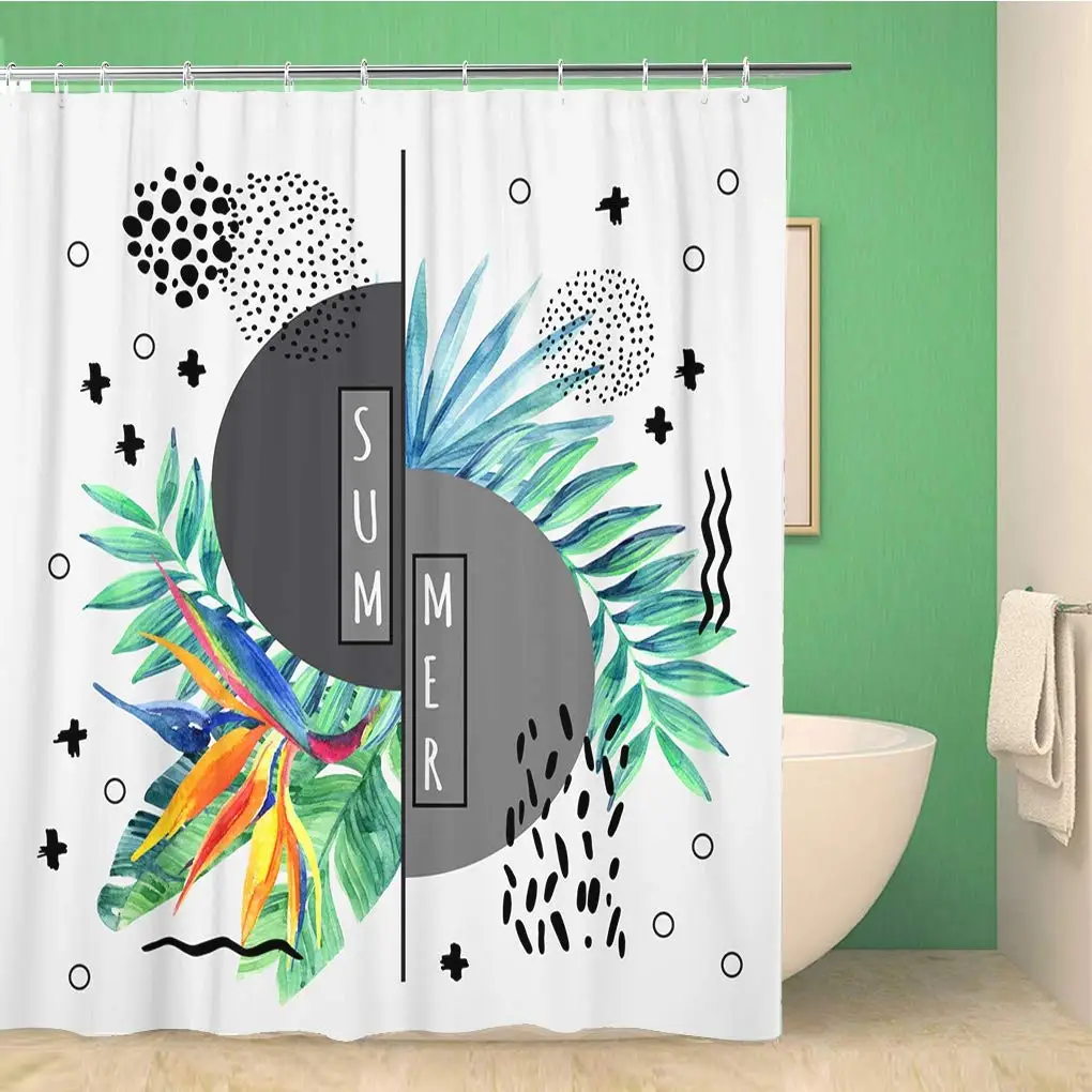 

Bathroom Shower Curtain Abstract Tropical Summer in Minimal Watercolor Exotic Flowers Palm Polyester Fabric 72x78 inches