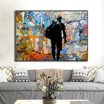 

Street Wall Graffiti Traveling Man Oil Painting on Canvas Posters and Prints Cuadros Wall Art Pictures For Living Room