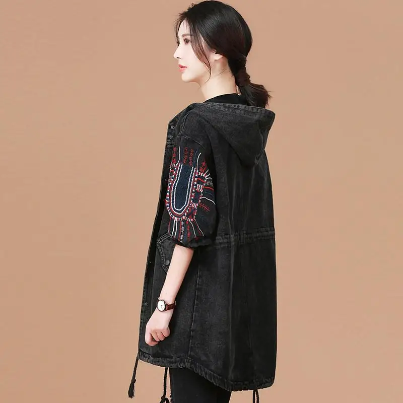 Finest  Vangull Ladies Denim Jacket With Embroidery Women Bf Style Long Sleeve Loose Streetwear Jeans Jacke