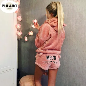 

New Autumn Winter Velvet Pajamas Set Women Warm Pajamas Two Piece Set Sleepwear Cute Cat Meow Pattern Hoodies Shorts Set 5XL
