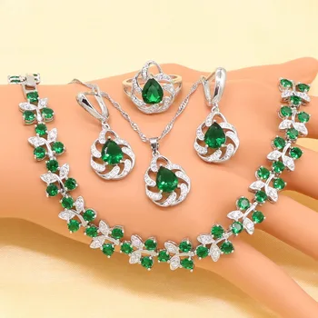 

Green Imitated Emerald Crystal White Zirconia Silver Bridal Jewelry Sets For Women Necklace Pendant Earrings Ring Bracelet