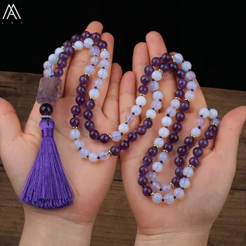 

Natural Amethysts Quartz Chunky Beads Tassel 8mm Opal Stone Amethysts Quartz 108 Prayer Beads Knot Handmade Necklace N0489AMCC