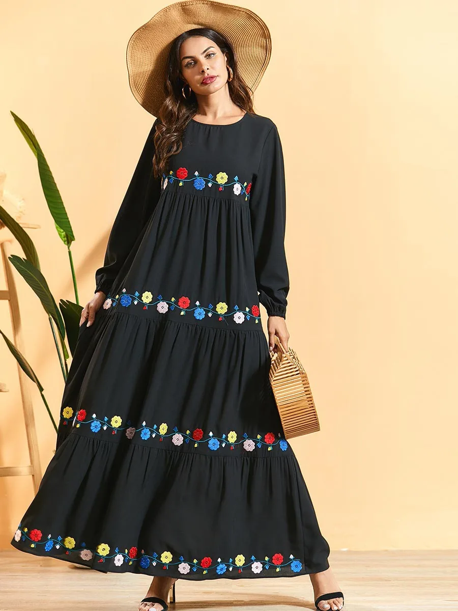 Flower Abaya Qatar UAE Turkish Islamic Malaysia Pleated Muslim Hijab Dress Abayas For Women Robe Musulmane Kaftan Dubai Clothing |