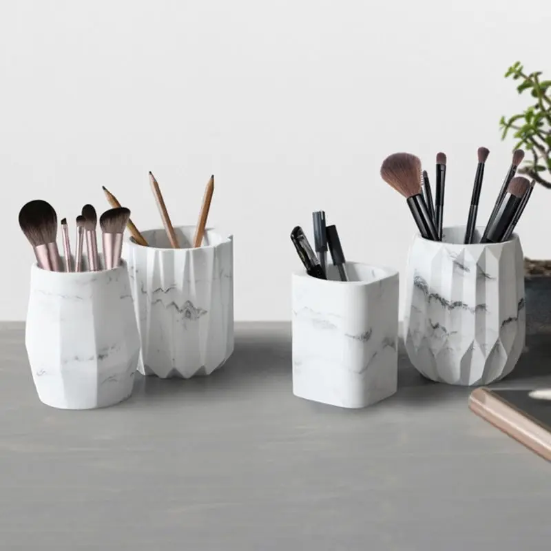 

Geometric Marble Desk Pen Pencil Holder Case Makeup Brush Storage Box Organizer